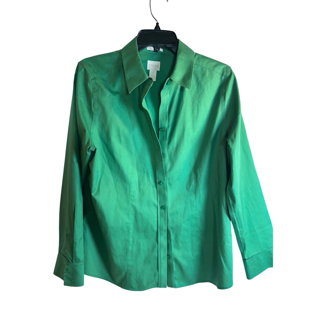 Chico's Button Down Shirt Size 1 Green No-Iron Cotton Long Sleeve Women